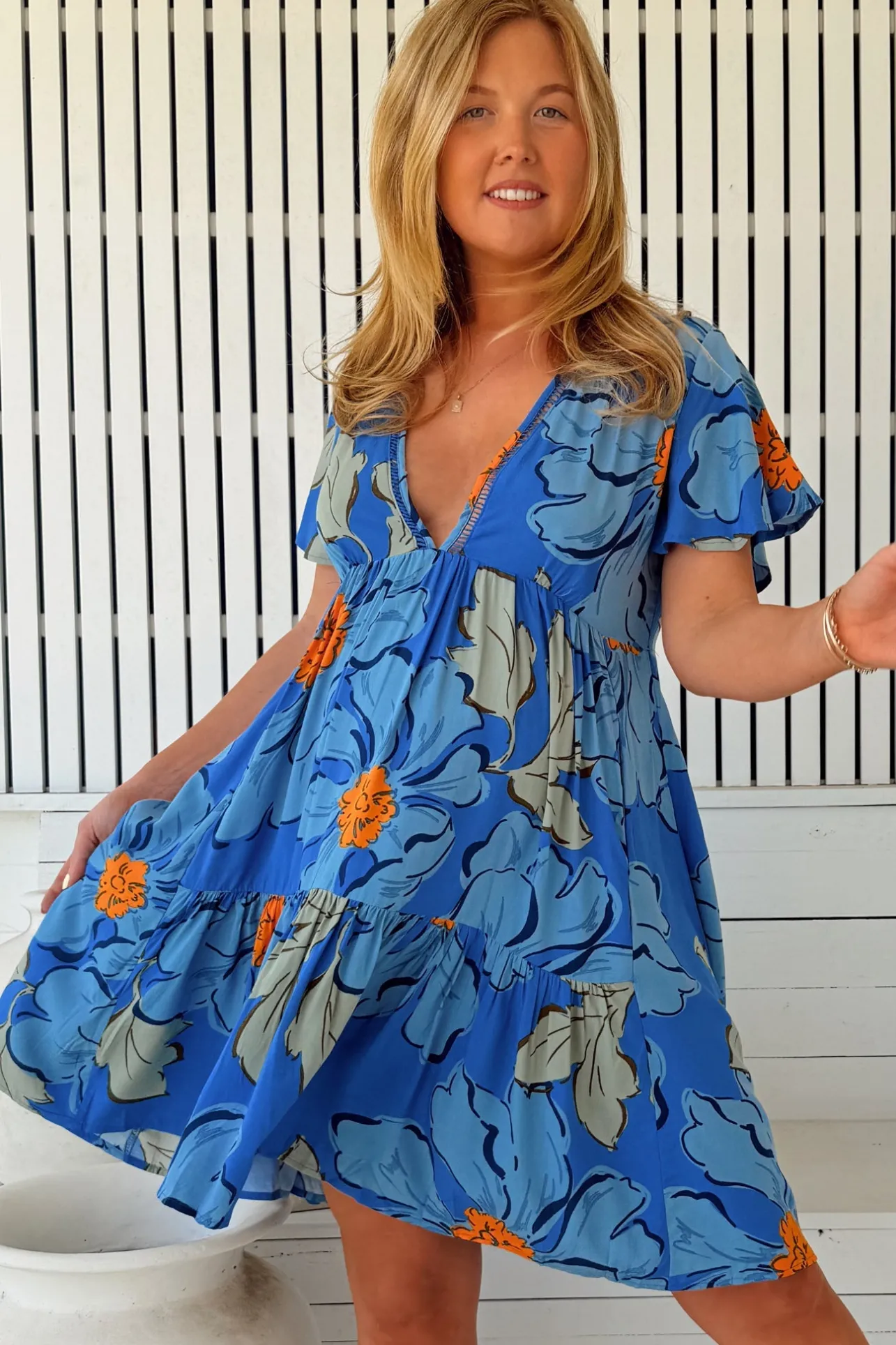 Rhys Mini Dress - Flutter Sleeve Tiered Babydoll Dress in Blue Bell Print>Jaase Best