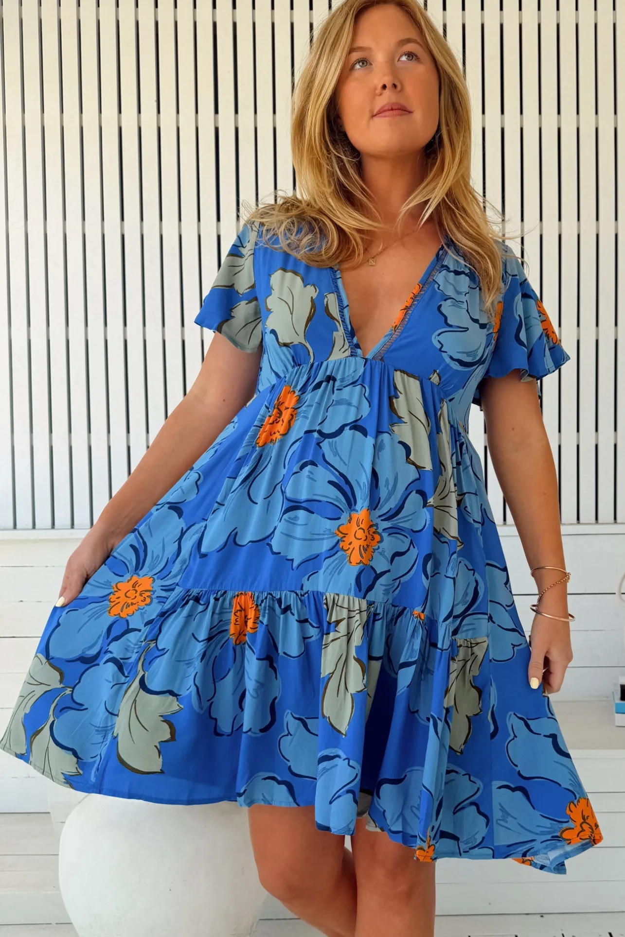 Rhys Mini Dress - Flutter Sleeve Tiered Babydoll Dress in Blue Bell Print>Jaase Best