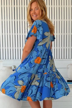 Rhys Mini Dress - Flutter Sleeve Tiered Babydoll Dress in Blue Bell Print><noscript><img width=