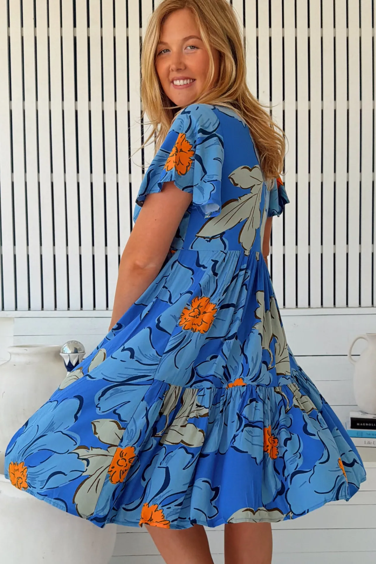 Rhys Mini Dress - Flutter Sleeve Tiered Babydoll Dress in Blue Bell Print>Jaase Best