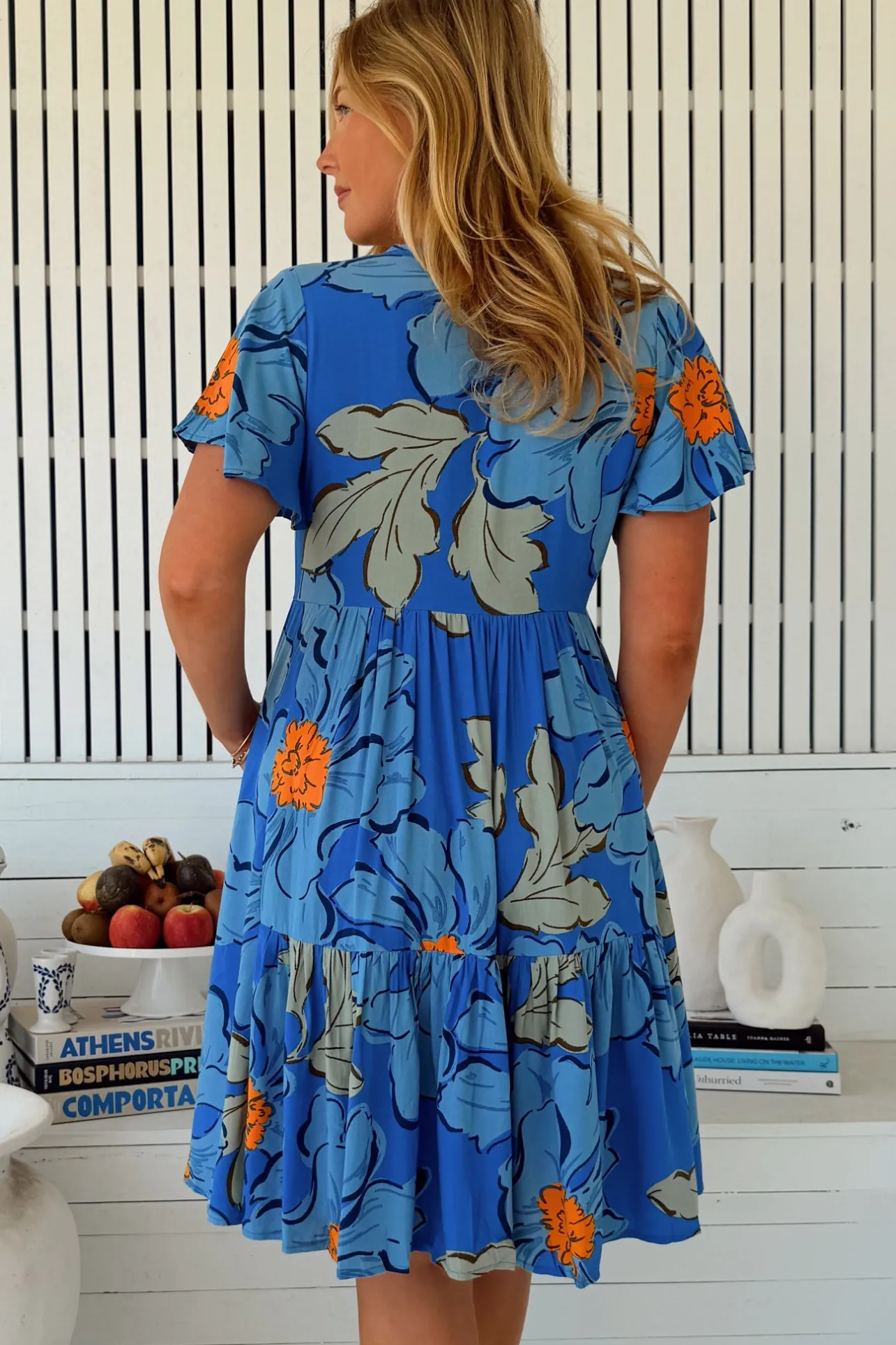 Rhys Mini Dress - Flutter Sleeve Tiered Babydoll Dress in Blue Bell Print>Jaase Best