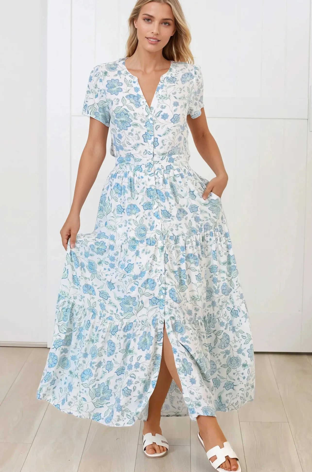 Riba Midi Dress - Button Down Tiered Dress with Cut Out Back in Makenna Print>Salty Crush