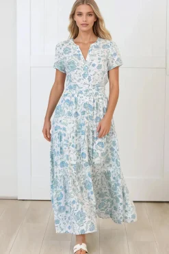 Riba Midi Dress - Button Down Tiered Dress with Cut Out Back in Makenna Print><noscript><img width=