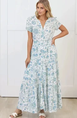 Riba Midi Dress - Button Down Tiered Dress with Cut Out Back in Makenna Print><noscript><img width=
