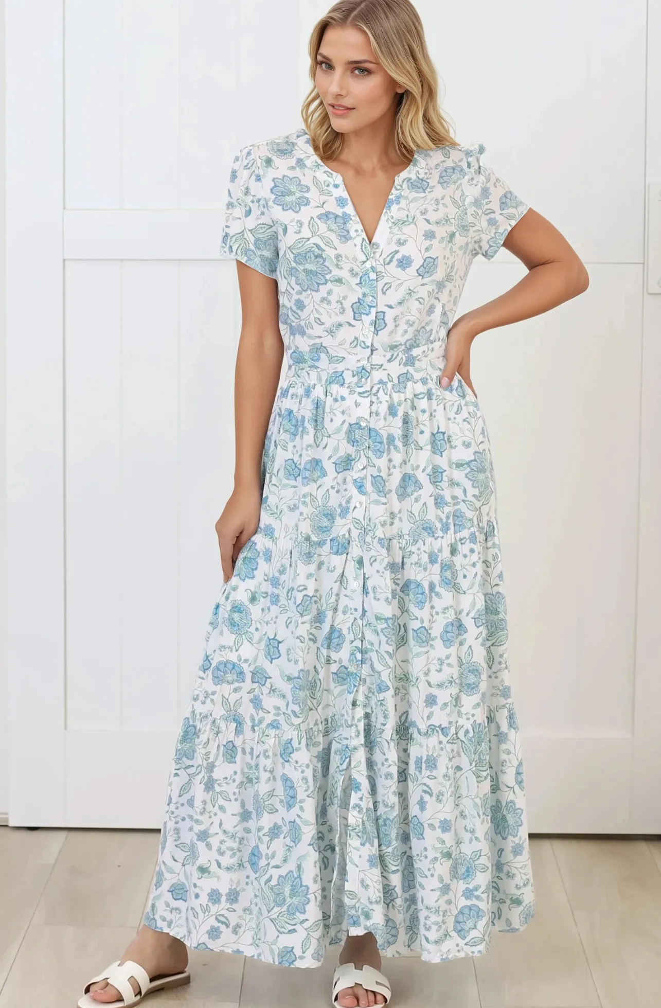 Riba Midi Dress - Button Down Tiered Dress with Cut Out Back in Makenna Print>Salty Crush
