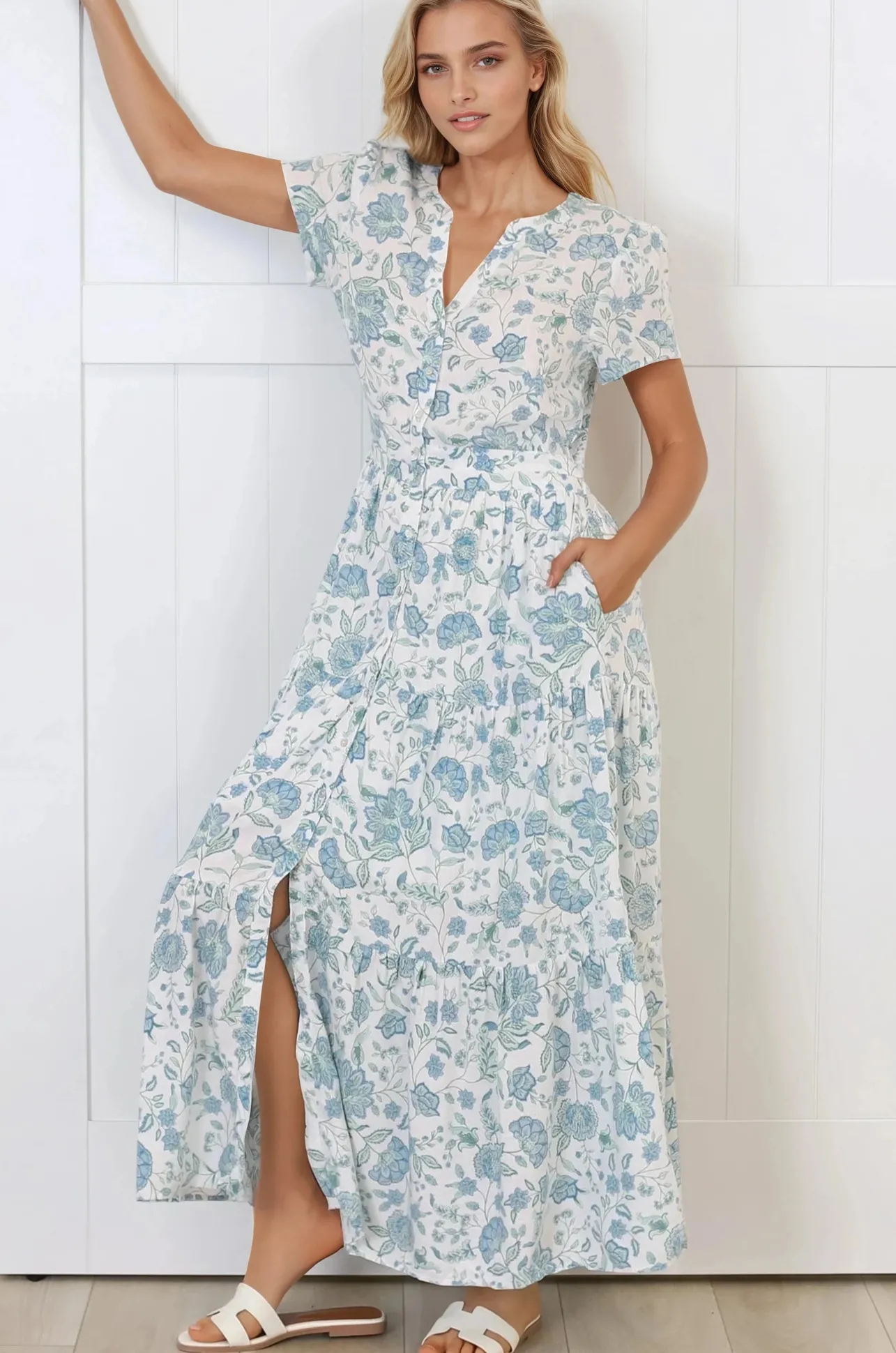 Riba Midi Dress - Button Down Tiered Dress with Cut Out Back in Makenna Print>Salty Crush