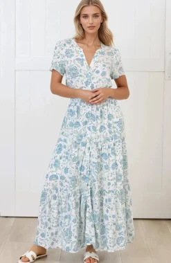 Riba Midi Dress - Button Down Tiered Dress with Cut Out Back in Makenna Print><noscript><img width=