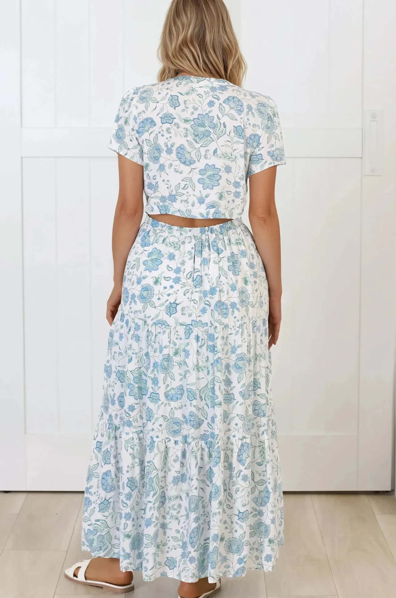 Riba Midi Dress - Button Down Tiered Dress with Cut Out Back in Makenna Print>Salty Crush