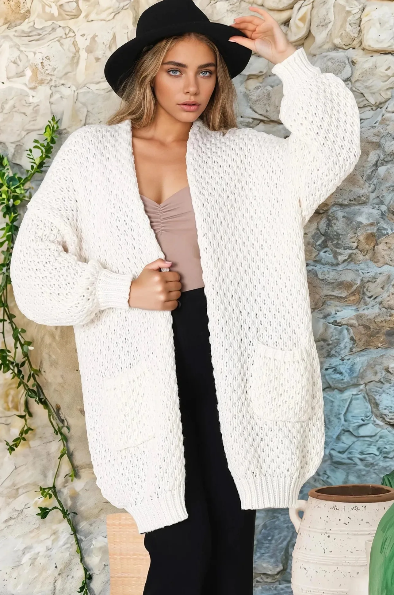 Ricki Cardigan - Open Front Chunky Knit Cardigan in Cream>Salty Crush Outlet