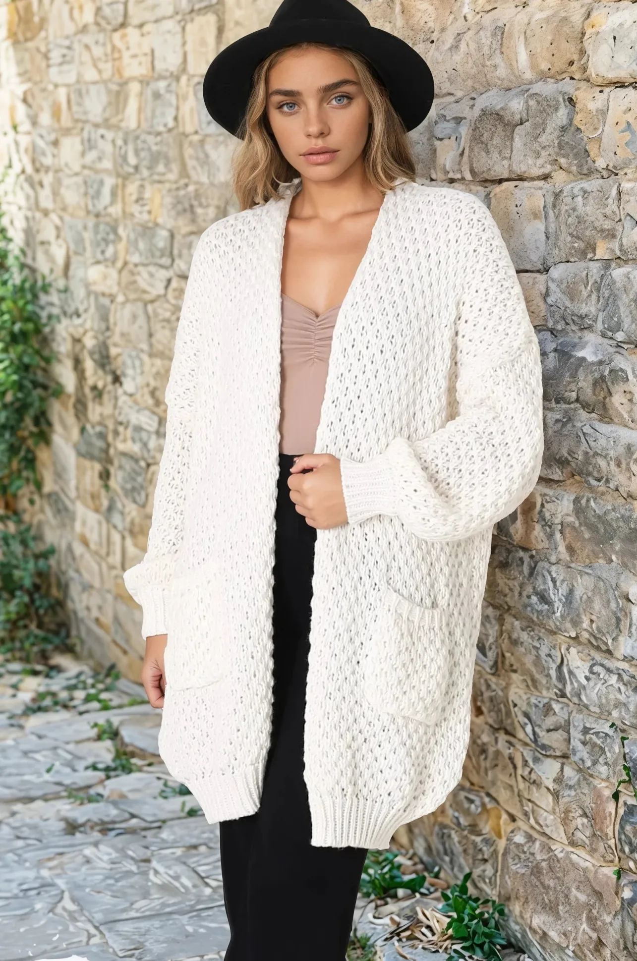 Ricki Cardigan - Open Front Chunky Knit Cardigan in Cream>Salty Crush Outlet