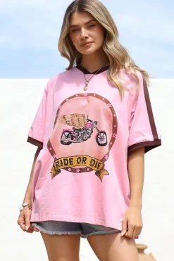 Ride Or Die Tee - Graphic Print Short Sleeve T-Shirt with Racer Stripe Sleeves in Pink>Salty Crush Discount