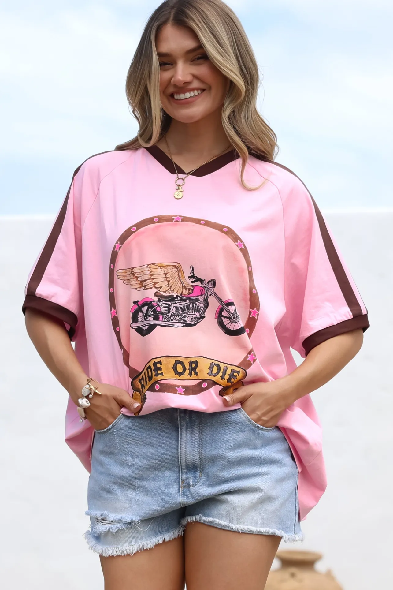 Ride Or Die Tee - Graphic Print Short Sleeve T-Shirt with Racer Stripe Sleeves in Pink>Salty Crush Discount