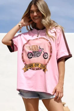 Ride Or Die Tee - Graphic Print Short Sleeve T-Shirt with Racer Stripe Sleeves in Pink><noscript><img width=