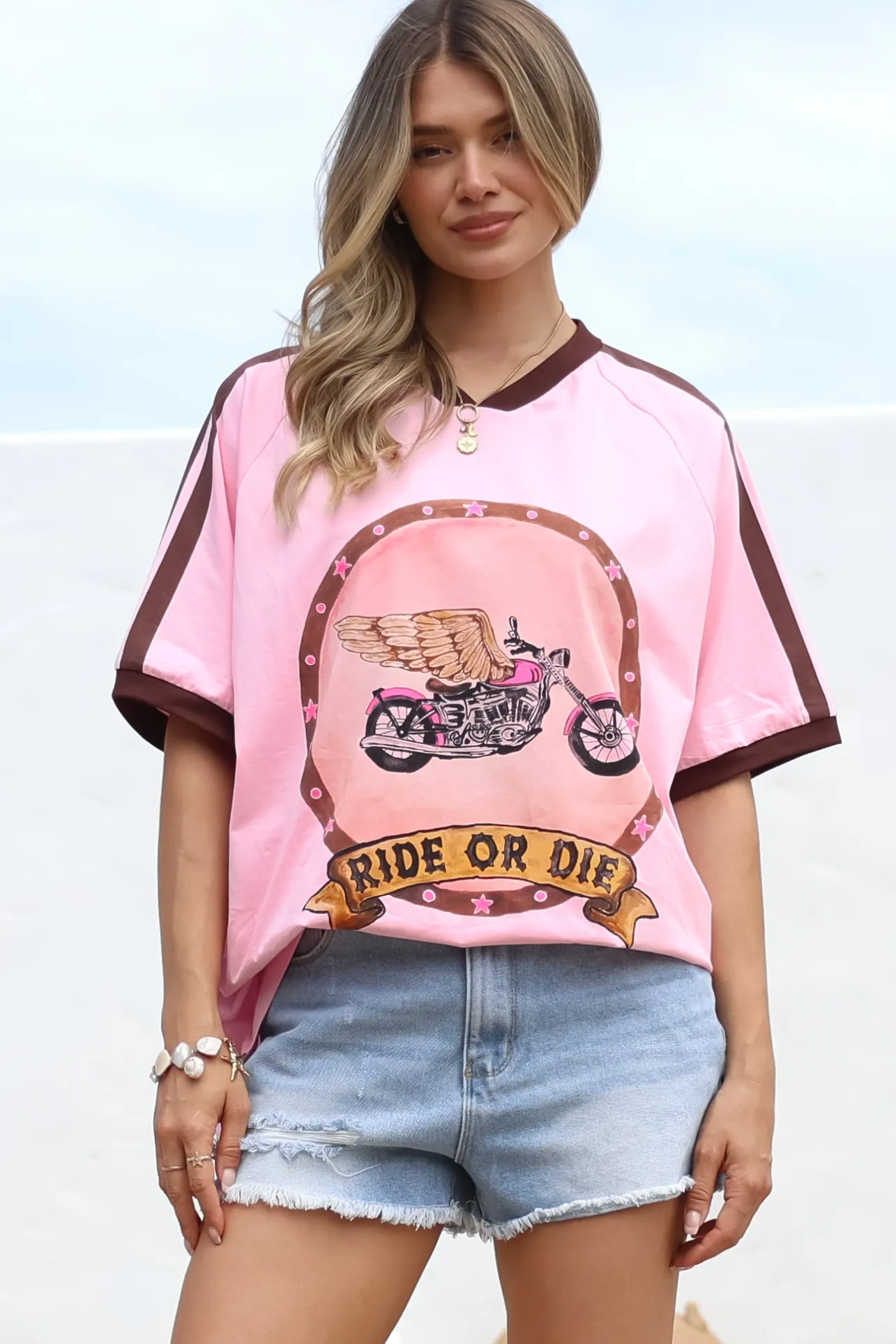 Ride Or Die Tee - Graphic Print Short Sleeve T-Shirt with Racer Stripe Sleeves in Pink>Salty Crush Discount