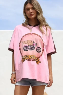 Ride Or Die Tee - Graphic Print Short Sleeve T-Shirt with Racer Stripe Sleeves in Pink><noscript><img width=