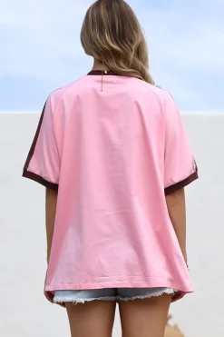 Ride Or Die Tee - Graphic Print Short Sleeve T-Shirt with Racer Stripe Sleeves in Pink><noscript><img width=