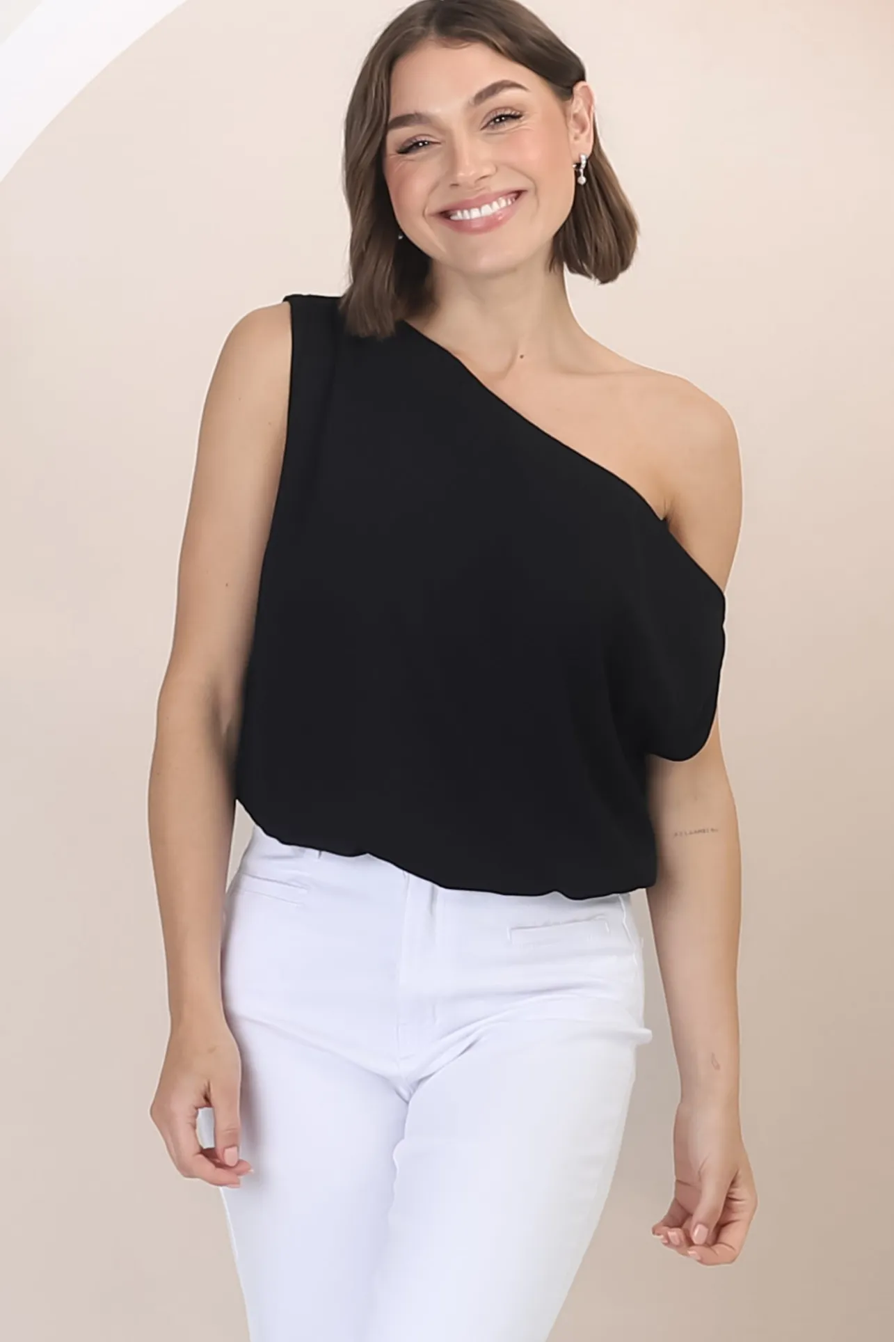 Rielle Top - One Shoulder Aysmmetric Bodysuit in Black>Salty Crush Sale