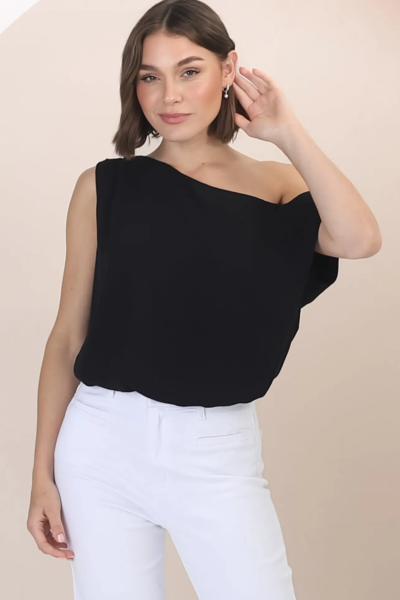 Rielle Top - One Shoulder Aysmmetric Bodysuit in Black>Salty Crush Sale