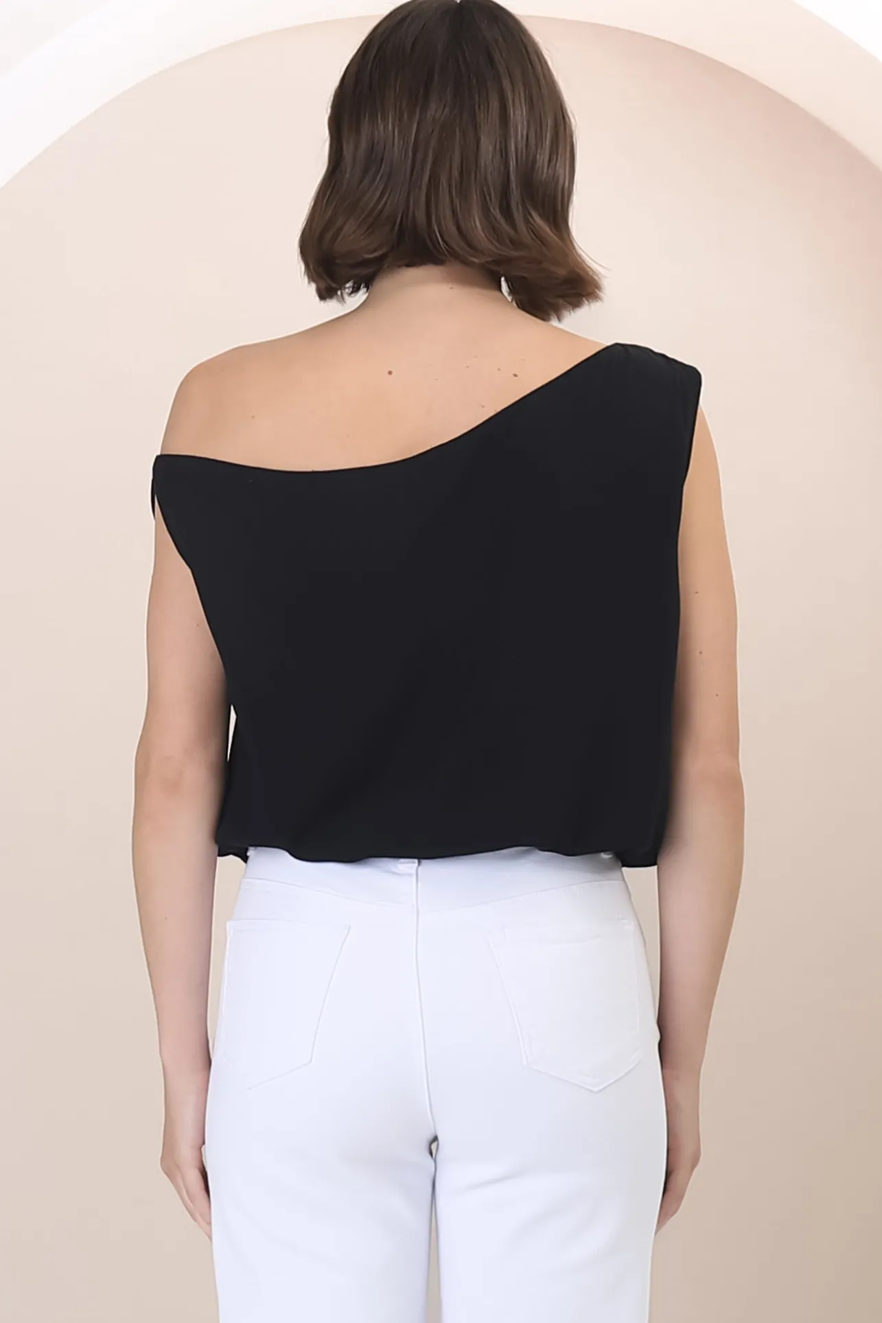 Rielle Top - One Shoulder Aysmmetric Bodysuit in Black>Salty Crush Sale