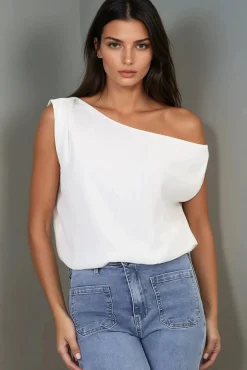 Rielle Top - One Shoulder Aysmmetric Bodysuit in White>Salty Crush Hot
