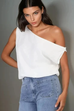 Rielle Top - One Shoulder Aysmmetric Bodysuit in White>Salty Crush Hot