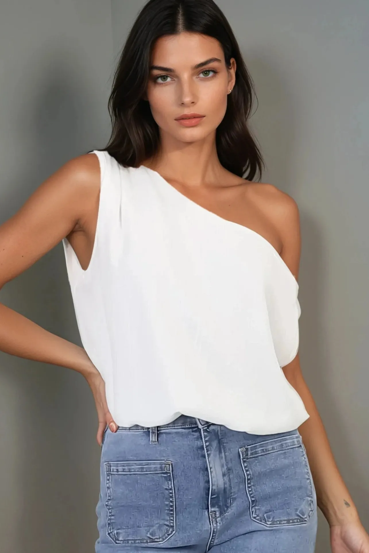 Rielle Top - One Shoulder Aysmmetric Bodysuit in White>Salty Crush Hot