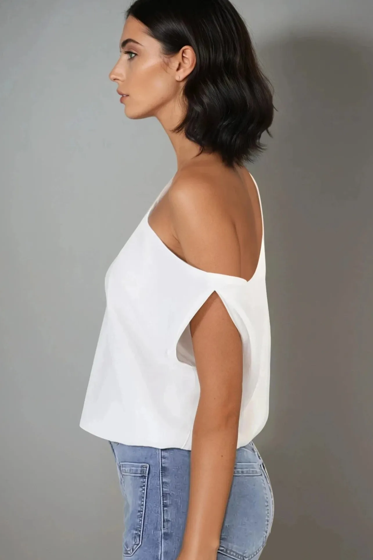Rielle Top - One Shoulder Aysmmetric Bodysuit in White>Salty Crush Hot