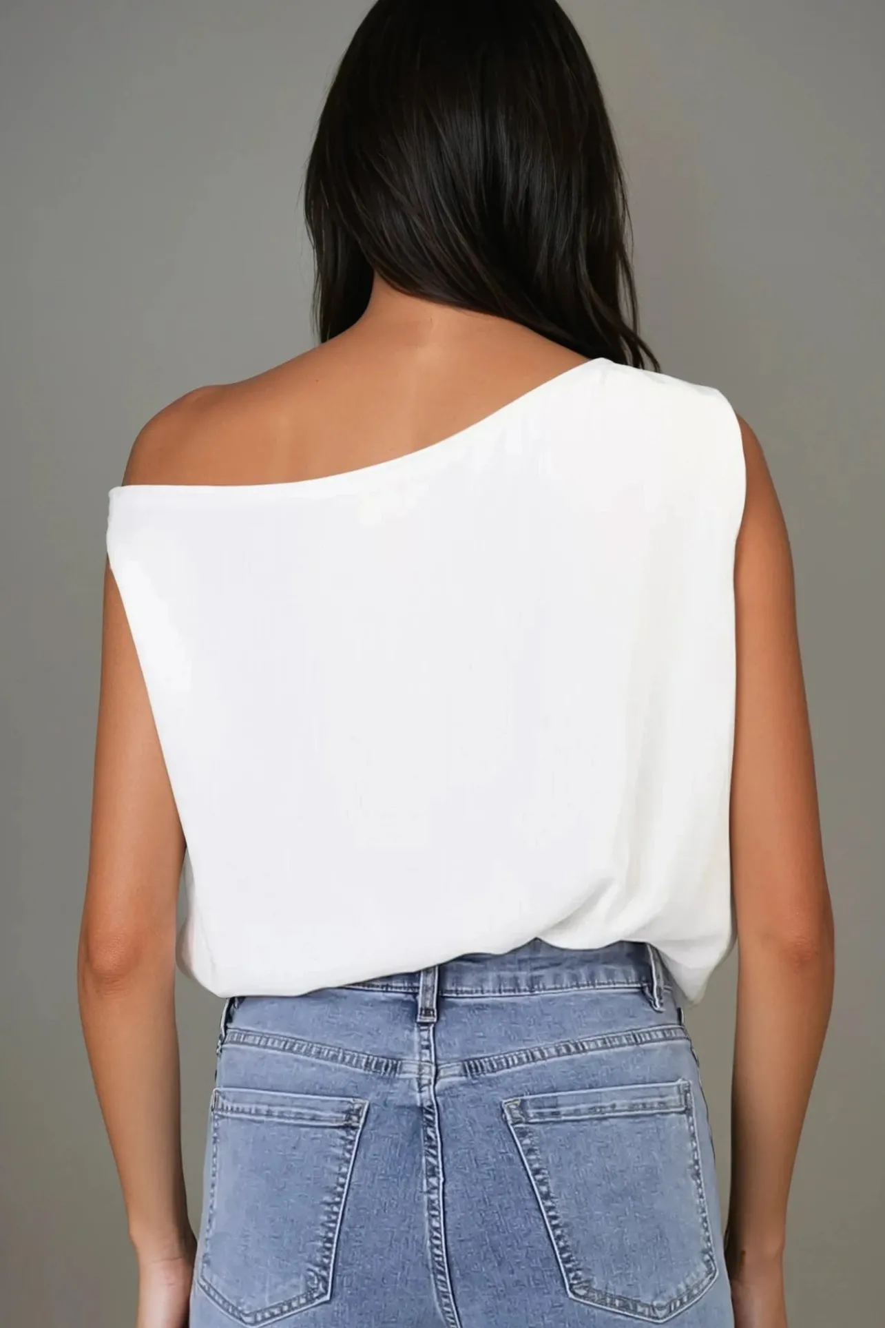 Rielle Top - One Shoulder Aysmmetric Bodysuit in White>Salty Crush Hot