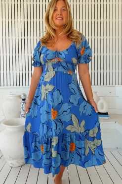 Rini Midi Dress - Sweetheart Neckline Cut Out Detail Dress in Blue Bell Print>Jaase Hot