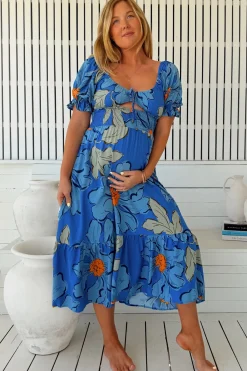 Rini Midi Dress - Sweetheart Neckline Cut Out Detail Dress in Blue Bell Print>Jaase Hot