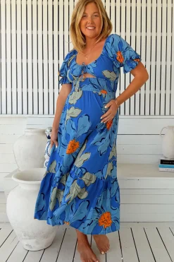 Rini Midi Dress - Sweetheart Neckline Cut Out Detail Dress in Blue Bell Print><noscript><img width=