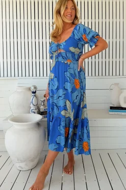 Rini Midi Dress - Sweetheart Neckline Cut Out Detail Dress in Blue Bell Print><noscript><img width=