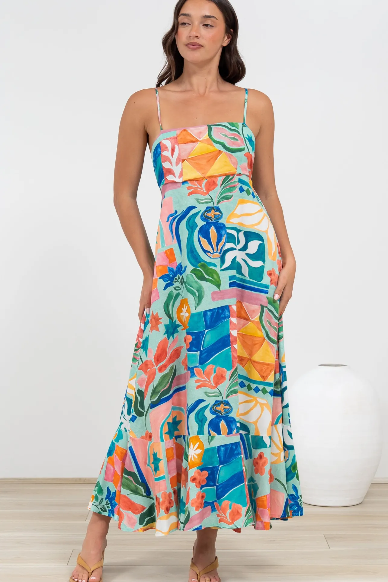 Rinna Midi Dress - Adjustable Strap with Tie Back Sun Dress in Edel Print>Salty Crush Online