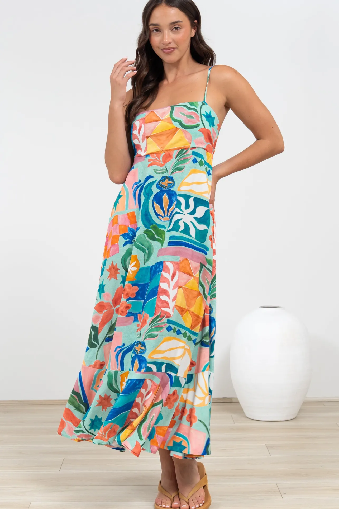 Rinna Midi Dress - Adjustable Strap with Tie Back Sun Dress in Edel Print>Salty Crush Online