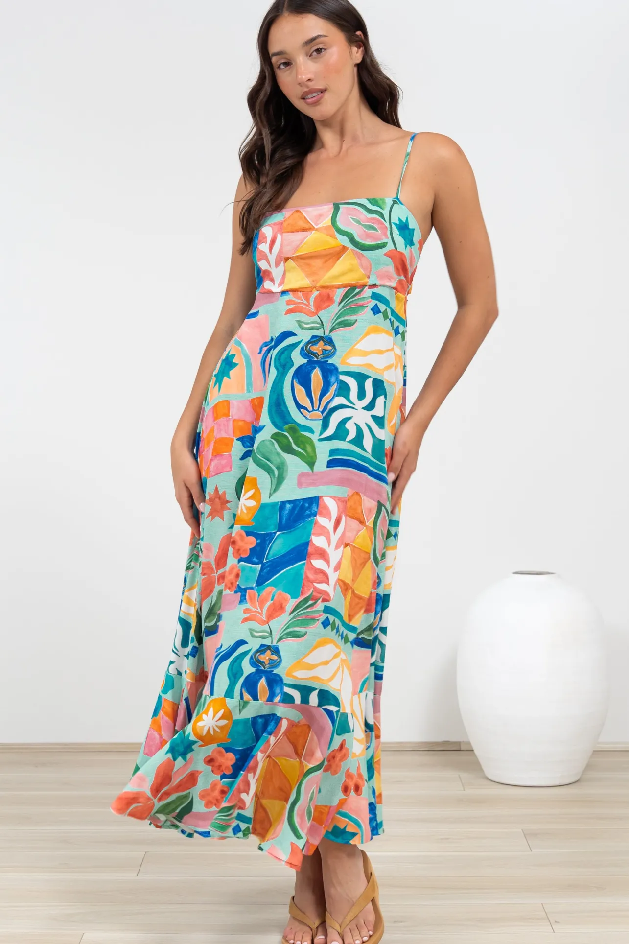 Rinna Midi Dress - Adjustable Strap with Tie Back Sun Dress in Edel Print>Salty Crush Online