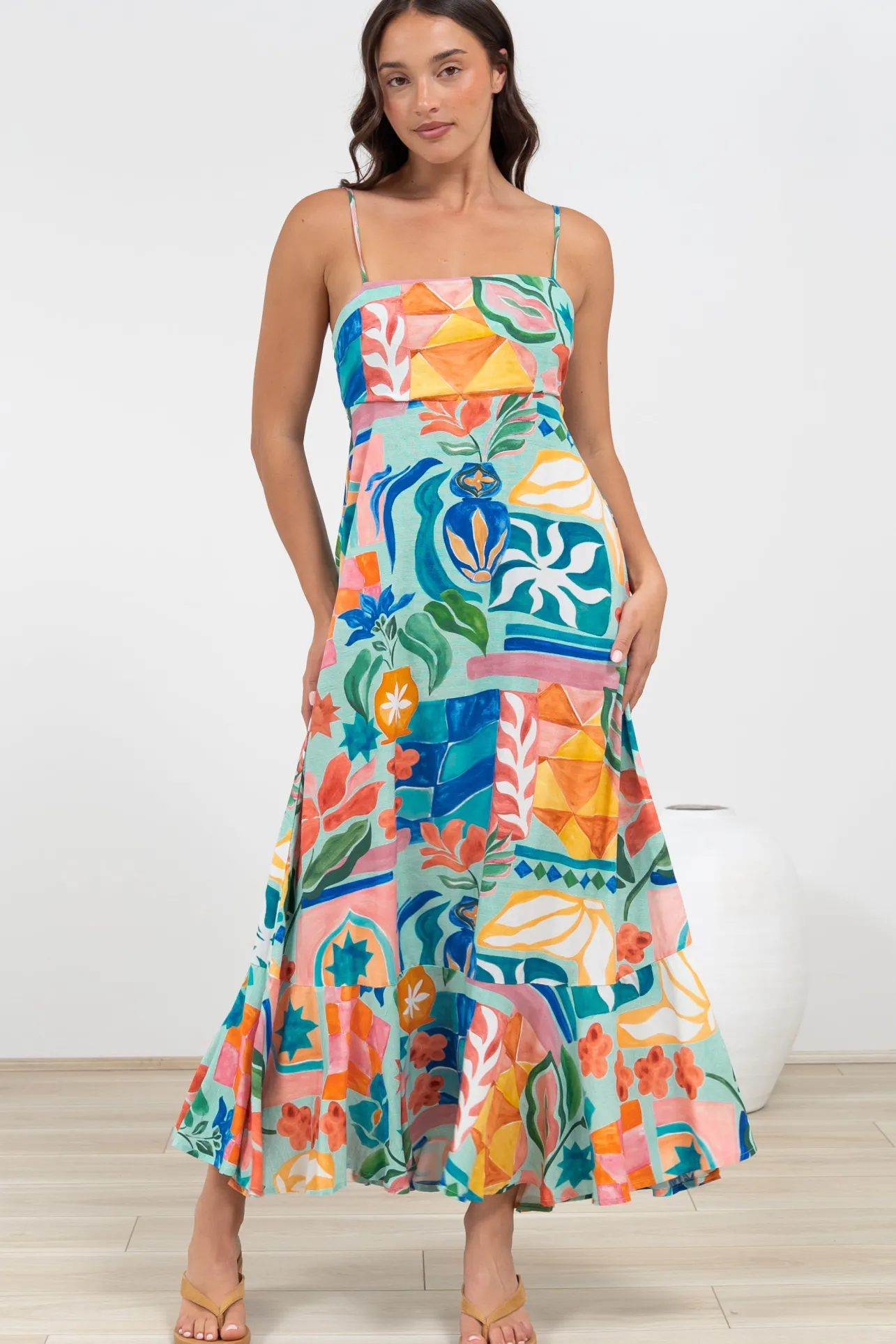 Rinna Midi Dress - Adjustable Strap with Tie Back Sun Dress in Edel Print>Salty Crush Online