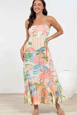 Rinna Midi Dress - Adjustable Strap with Tie Back Sun Dress in Anika Print>Salty Crush Best