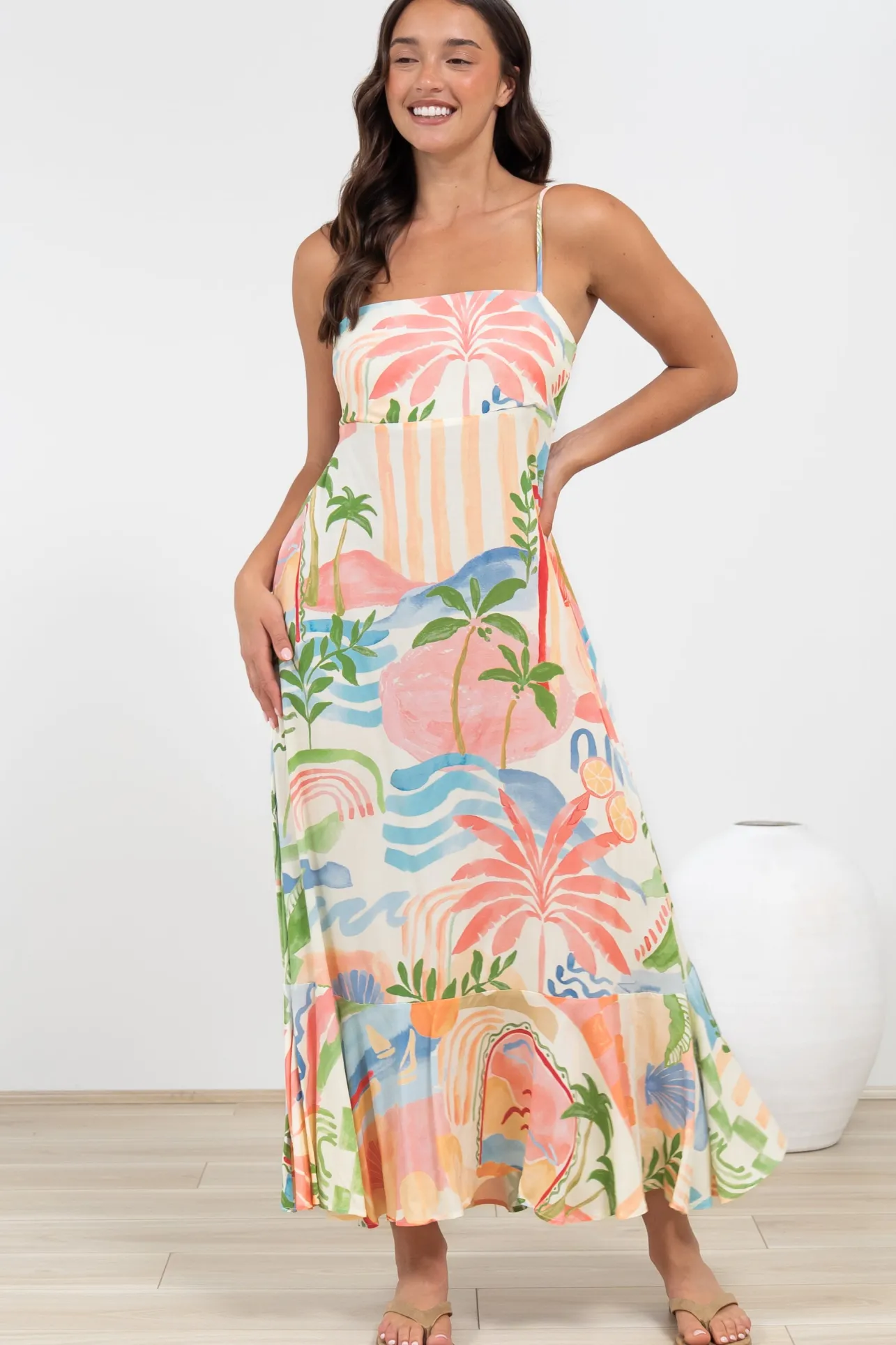 Rinna Midi Dress - Adjustable Strap with Tie Back Sun Dress in Anika Print>Salty Crush Best