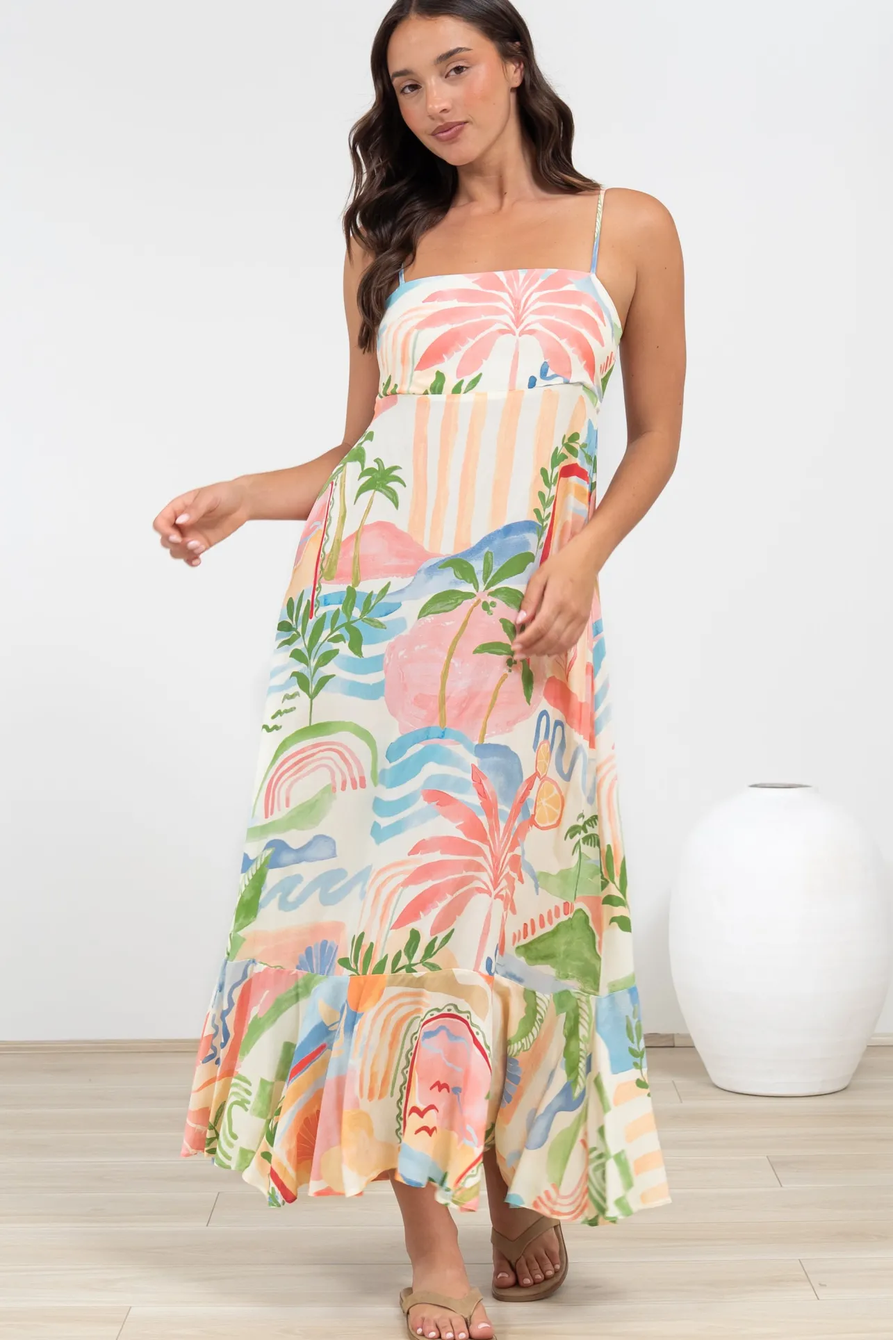 Rinna Midi Dress - Adjustable Strap with Tie Back Sun Dress in Anika Print>Salty Crush Best