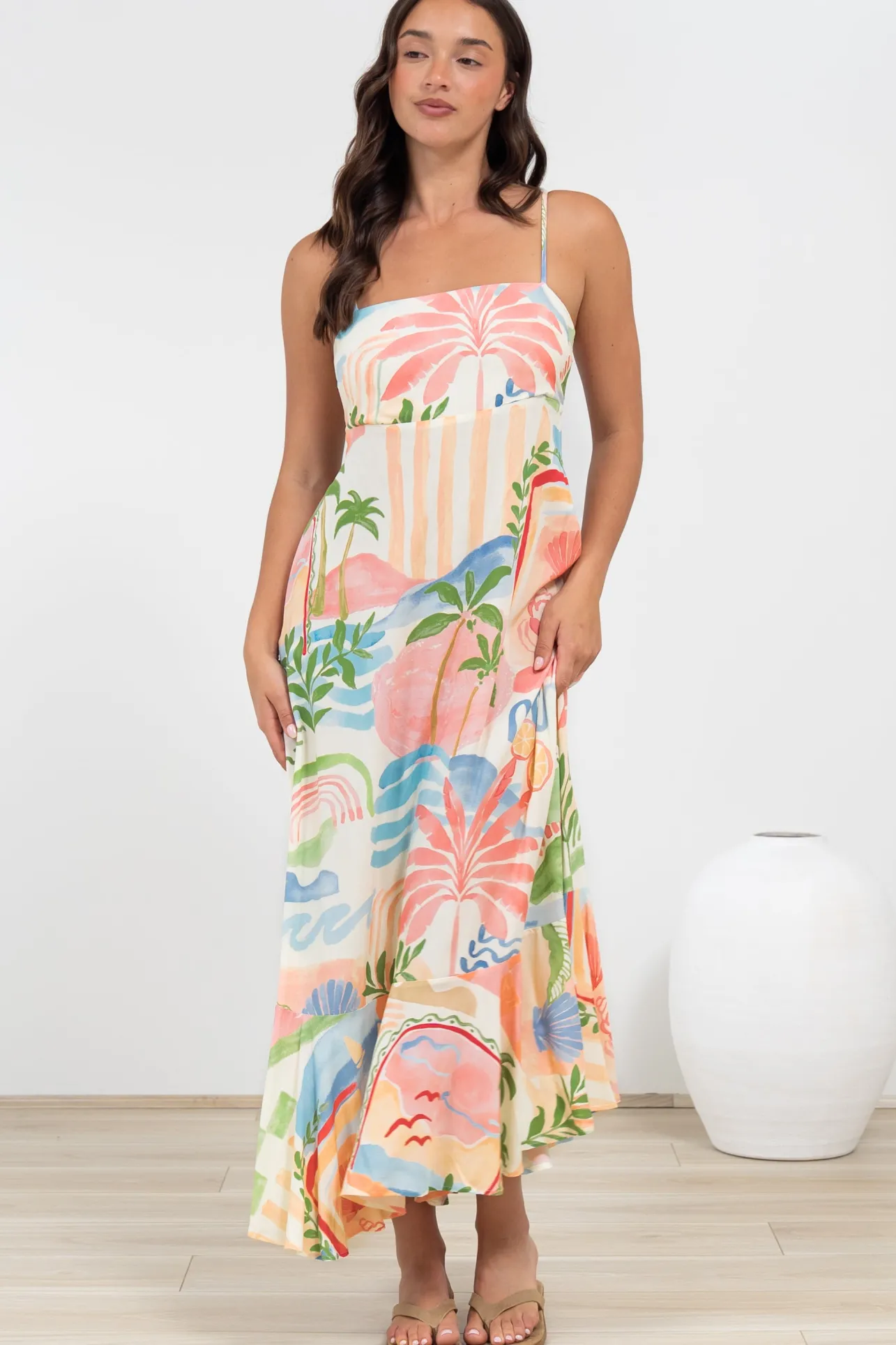 Rinna Midi Dress - Adjustable Strap with Tie Back Sun Dress in Anika Print>Salty Crush Best