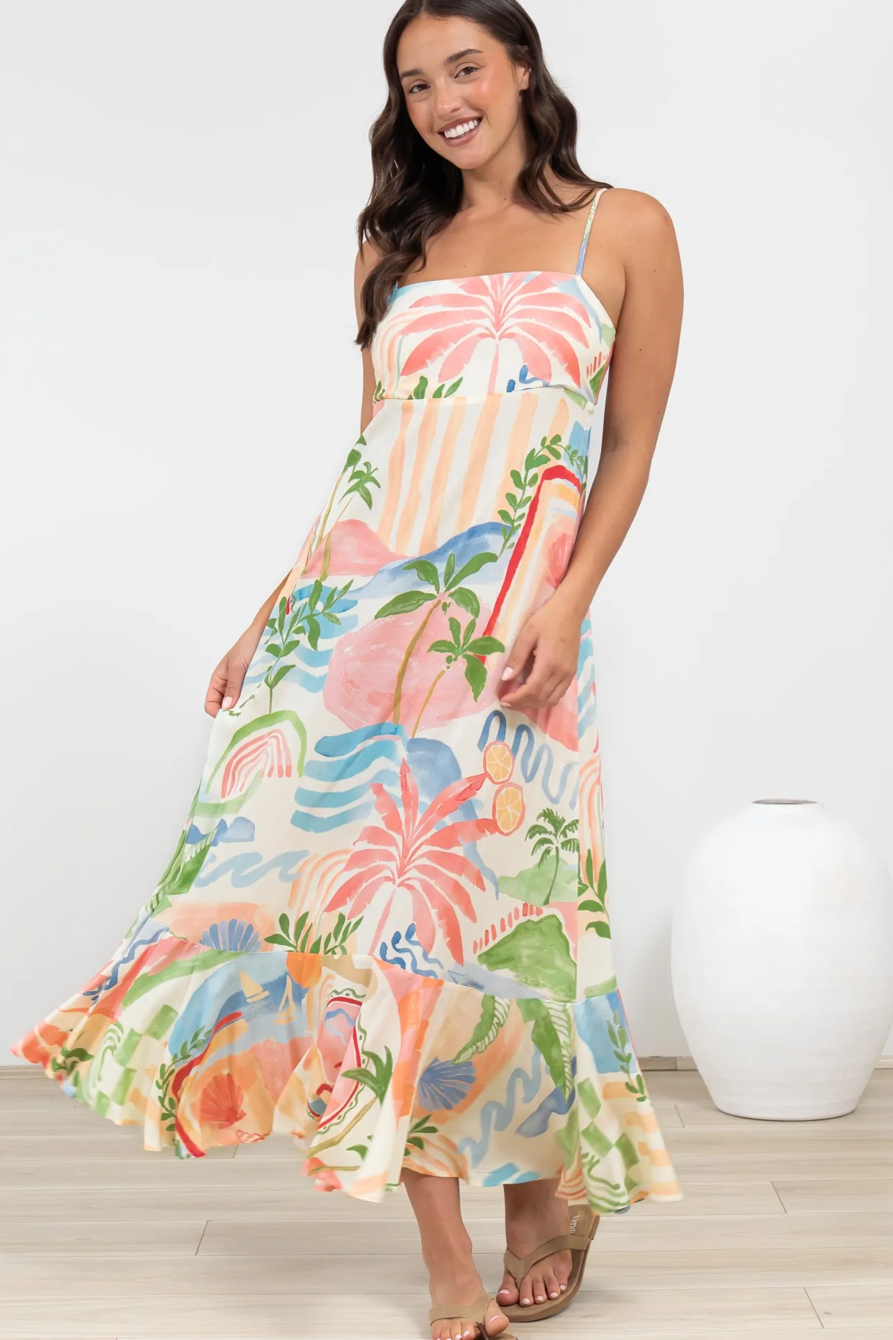 Rinna Midi Dress - Adjustable Strap with Tie Back Sun Dress in Anika Print>Salty Crush Best