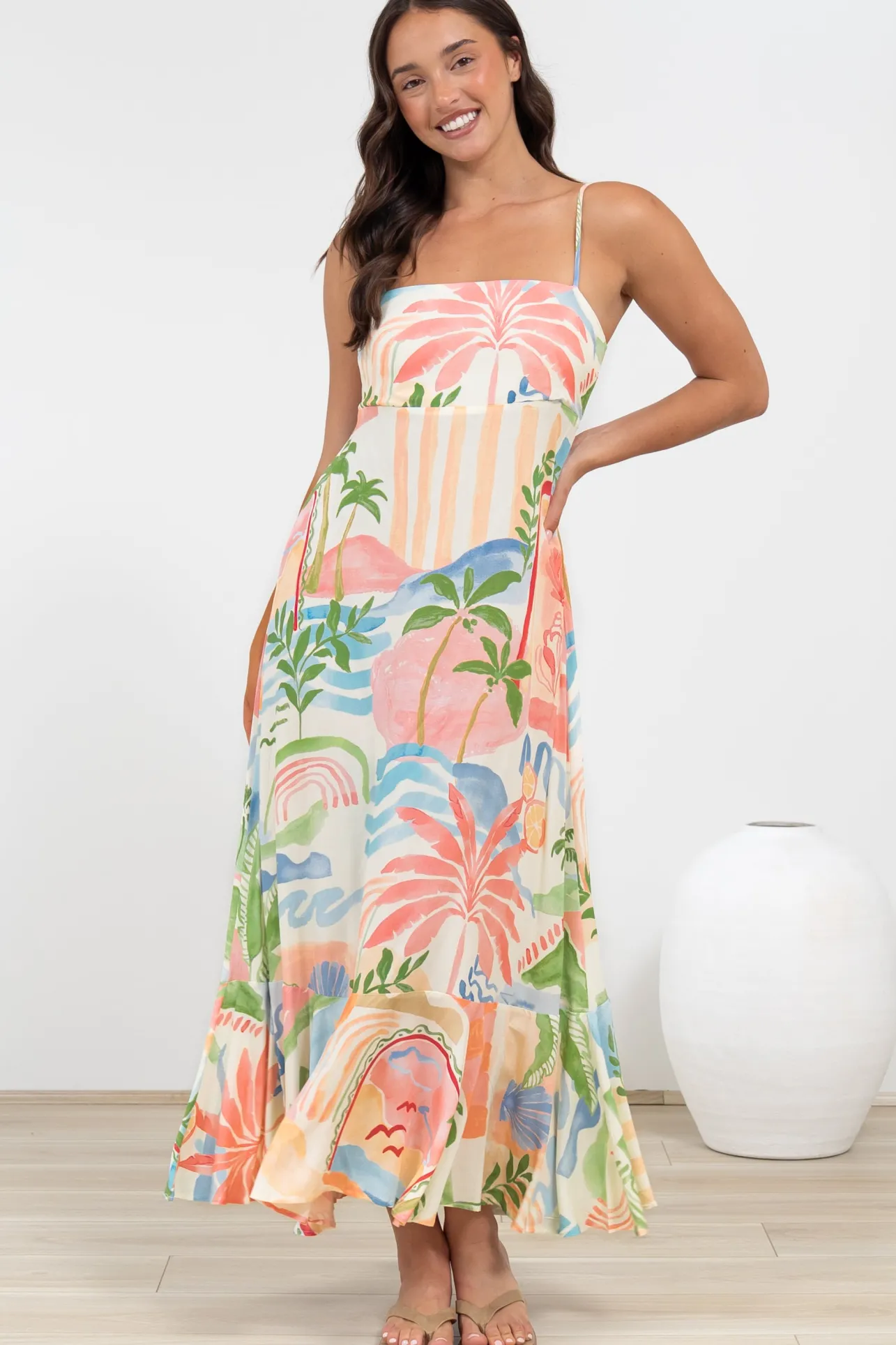 Rinna Midi Dress - Adjustable Strap with Tie Back Sun Dress in Anika Print>Salty Crush Best