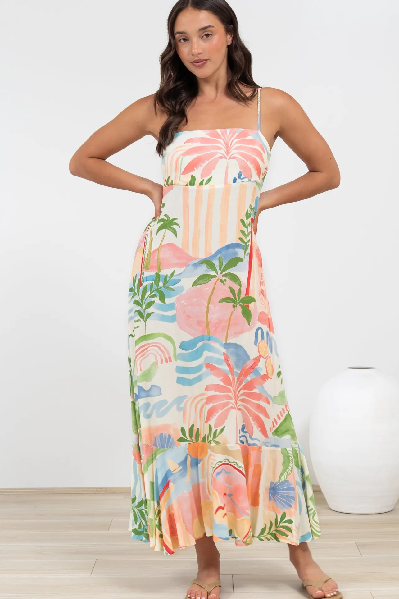 Rinna Midi Dress - Adjustable Strap with Tie Back Sun Dress in Anika Print>Salty Crush Best