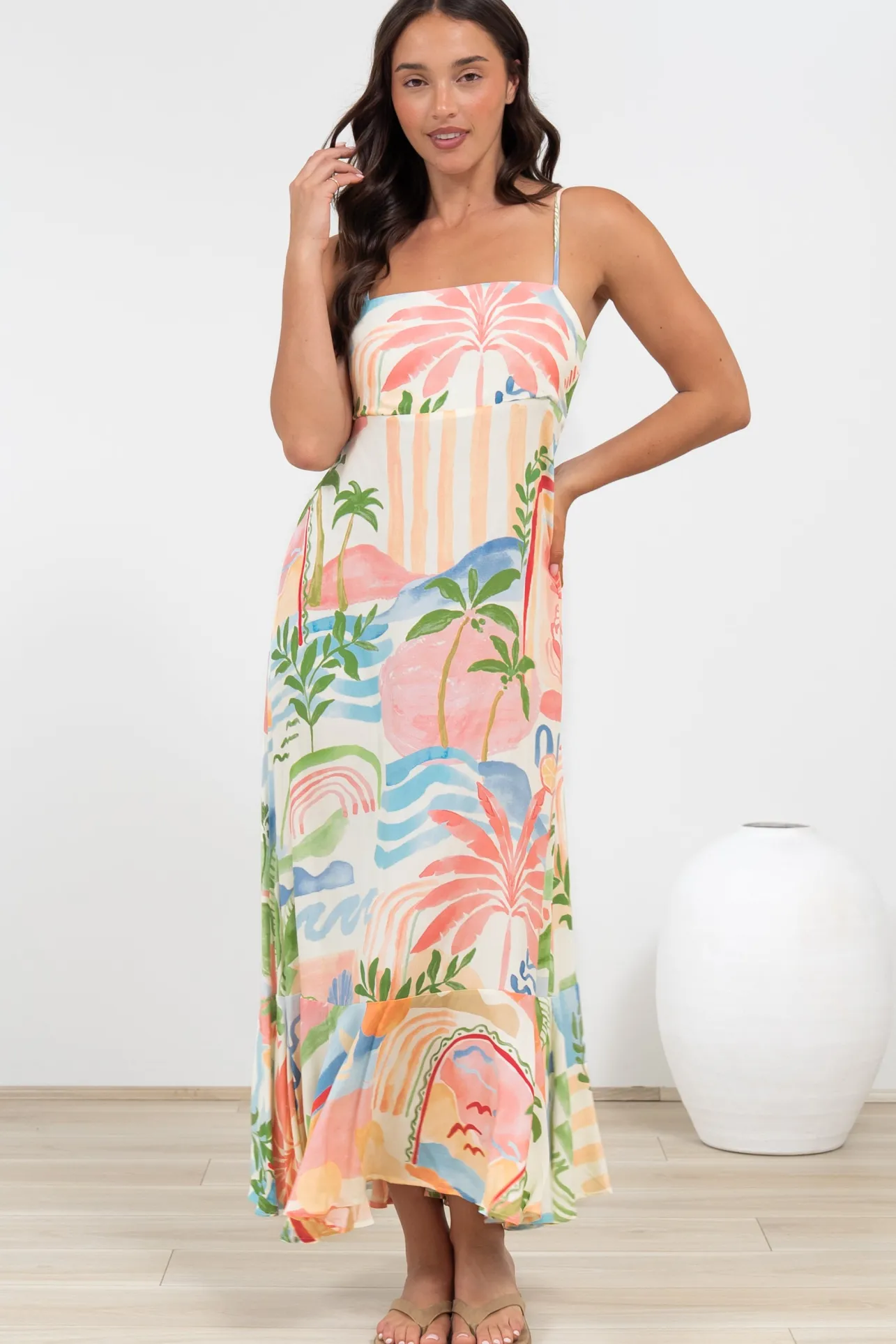 Rinna Midi Dress - Adjustable Strap with Tie Back Sun Dress in Anika Print>Salty Crush Best