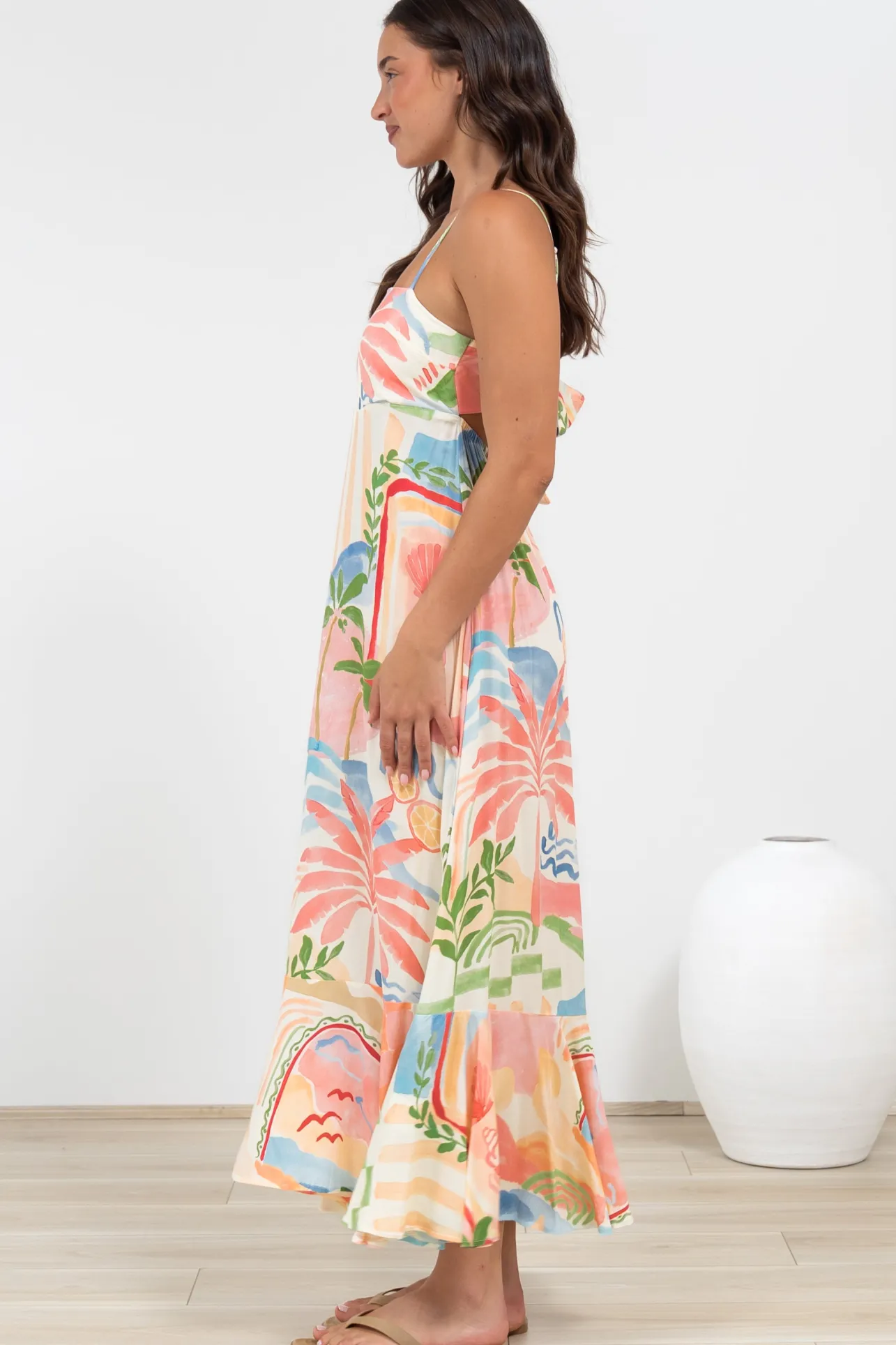 Rinna Midi Dress - Adjustable Strap with Tie Back Sun Dress in Anika Print>Salty Crush Best