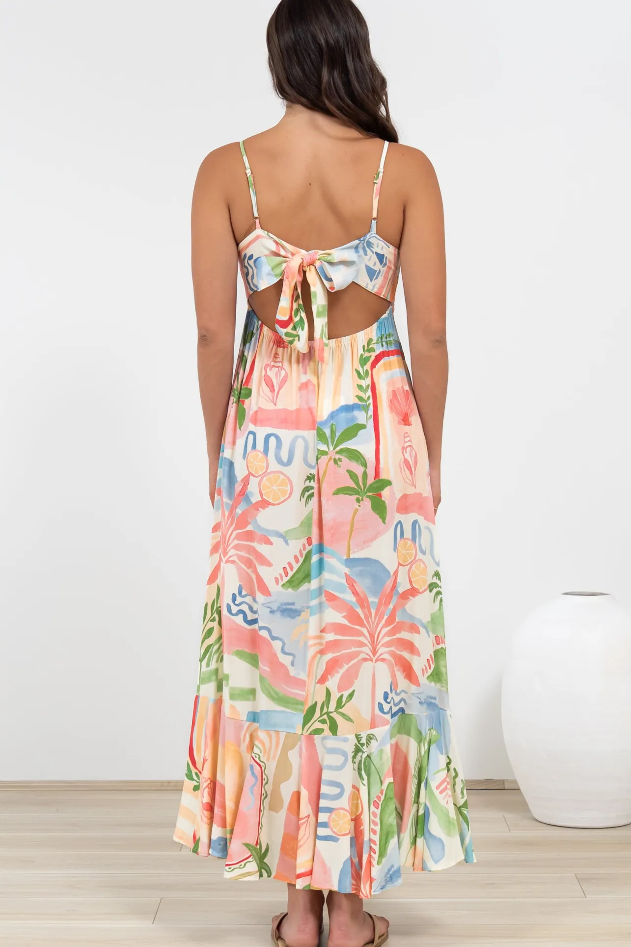Rinna Midi Dress - Adjustable Strap with Tie Back Sun Dress in Anika Print>Salty Crush Best