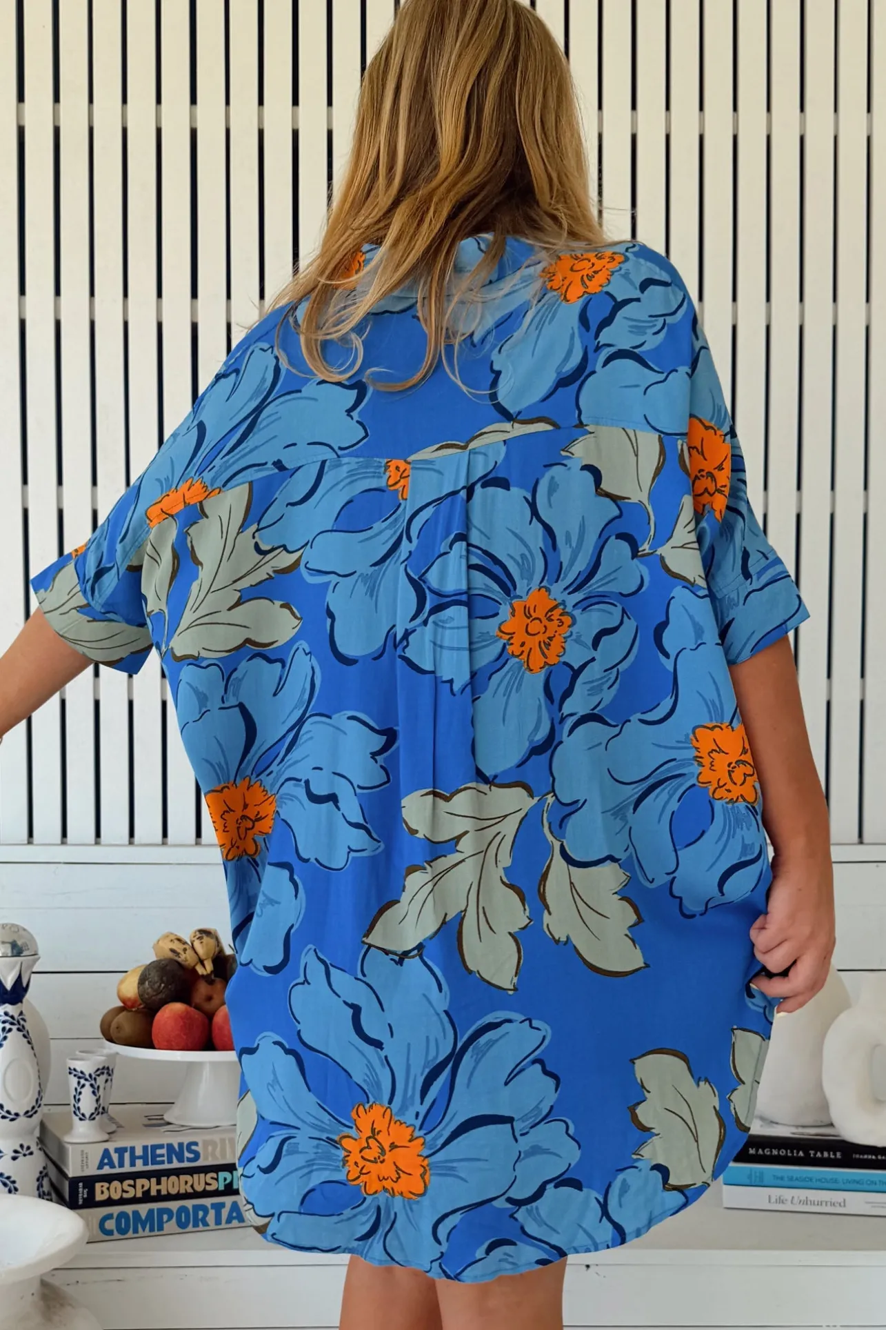 River Shirt - Oversized Button Down Shirt with Scoop High-Low Hem in Blue Bell Print>Jaase