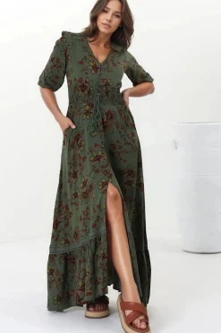 Romi Maxi Dress - Button Down 3/4 Sleeve Dress with Waist Tie in Esme Print>Jaase Clearance