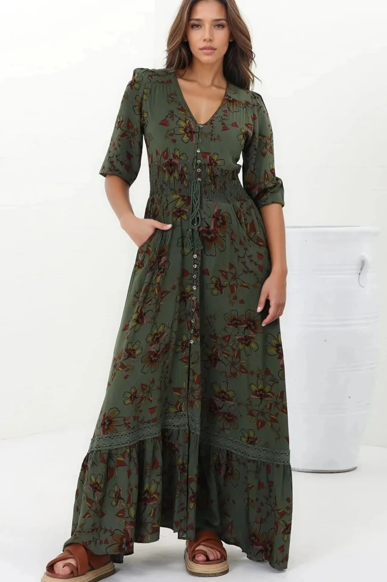 Romi Maxi Dress - Button Down 3/4 Sleeve Dress with Waist Tie in Esme Print>Jaase Clearance