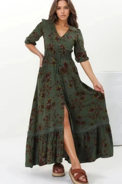 Romi Maxi Dress - Button Down 3/4 Sleeve Dress with Waist Tie in Esme Print><noscript><img width=